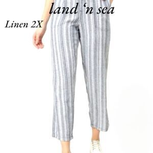 LAND N SEA PANTS WOMEN’S MEDIUM STRIPE CREAM BLUE BROWN 55% LINEN BLEND.